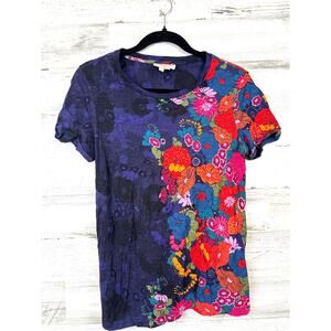 Anthropologie Vanessa Virginia Womens S Blue Multi Floral Boho Tee Shirt Top